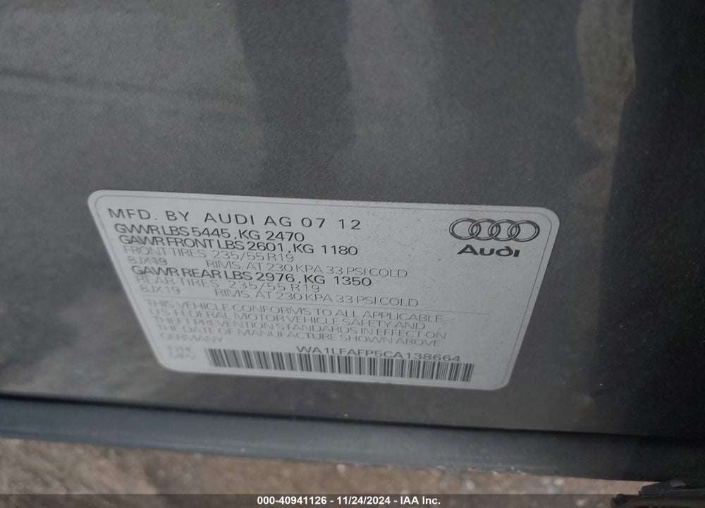 2012 AUDI Q5 2.0T PREMIUM VIN: WA1LFAFP5CA138664
