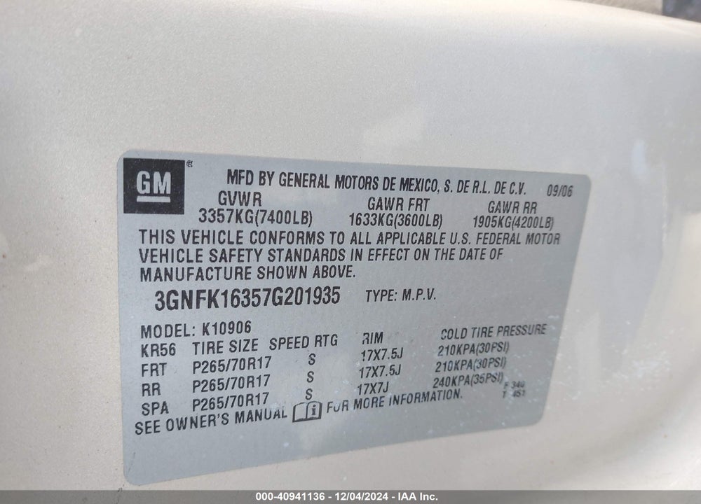 2007 CHEVROLET SUBURBAN 1500 LT VIN: 3GNFK16357G201935