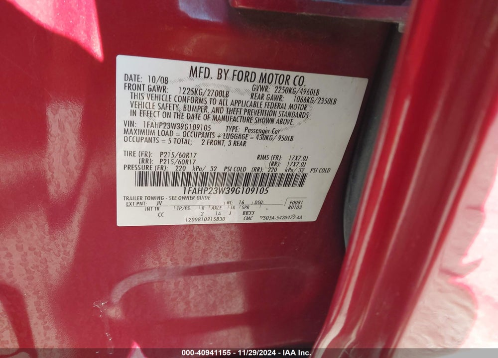 2009 FORD TAURUS VIN: 1FAHP23W39G109105