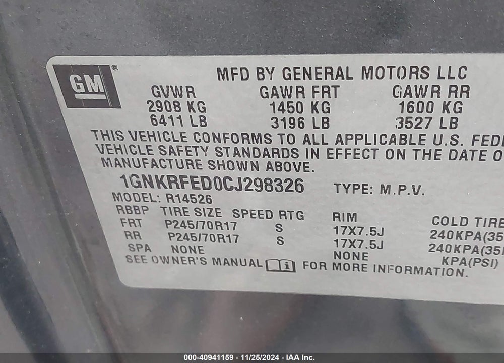 2012 CHEVROLET TRAVERSE LS VIN: 1GNKRFED0CJ298326