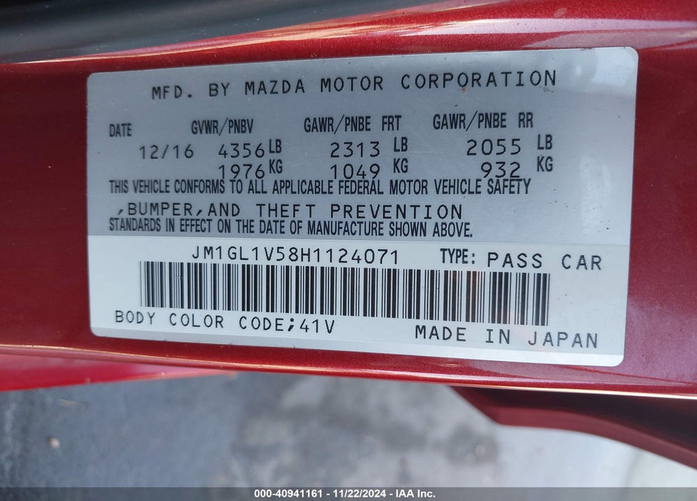 2017 MAZDA 6 TOURING VIN: JM1GL1V58H1124071