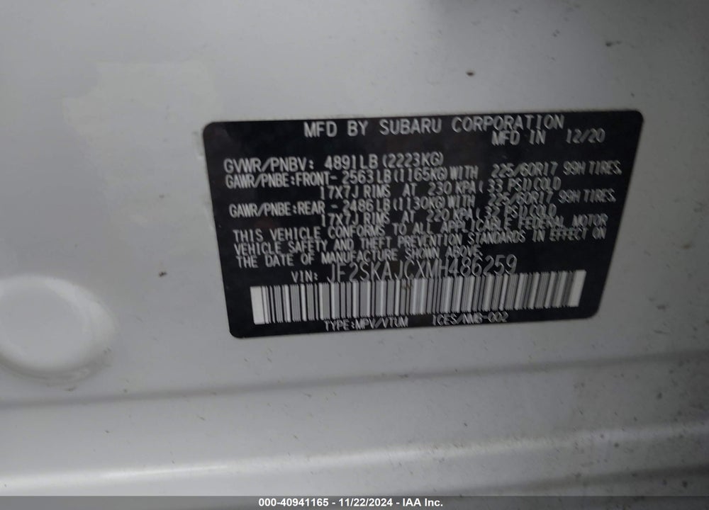 2021 SUBARU FORESTER PREMIUM VIN: JF2SKAJCXMH486259