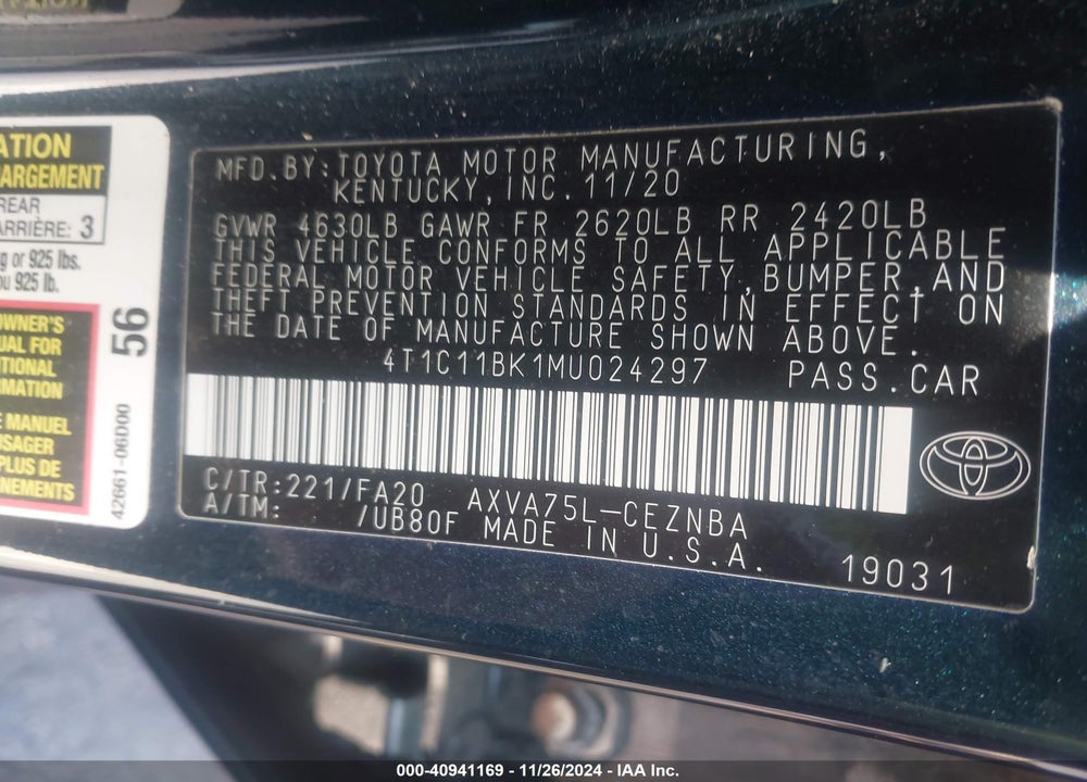 2021 TOYOTA CAMRY LE AWD VIN: 4T1C11BK1MU024297