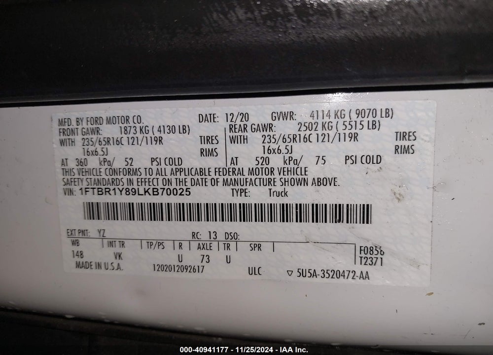 2020 FORD TRANSIT-250 CARGO VAN VIN: 1FTBR1Y89LKB70025