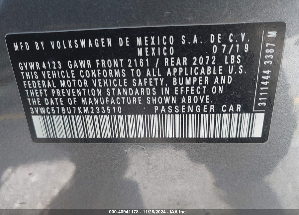 2019 VOLKSWAGEN JETTA 1.4T R-LINE/1.4T S/1.4T SE VIN: 3VWC57BU7KM233510
