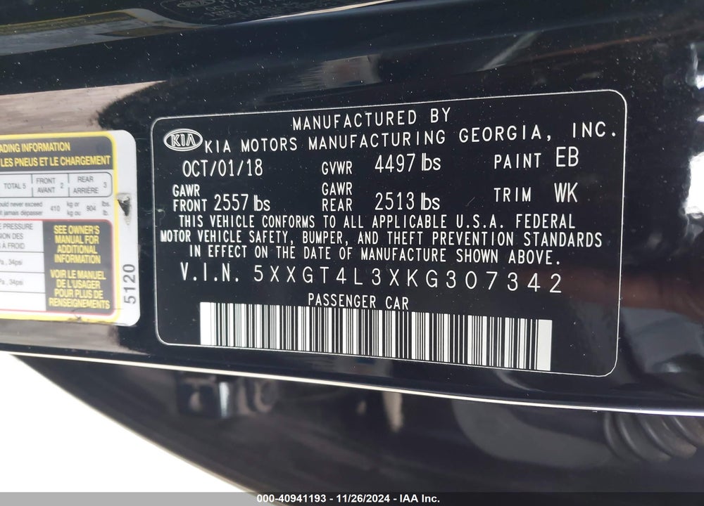 2019 KIA OPTIMA LX VIN: 5XXGT4L3XKG307342