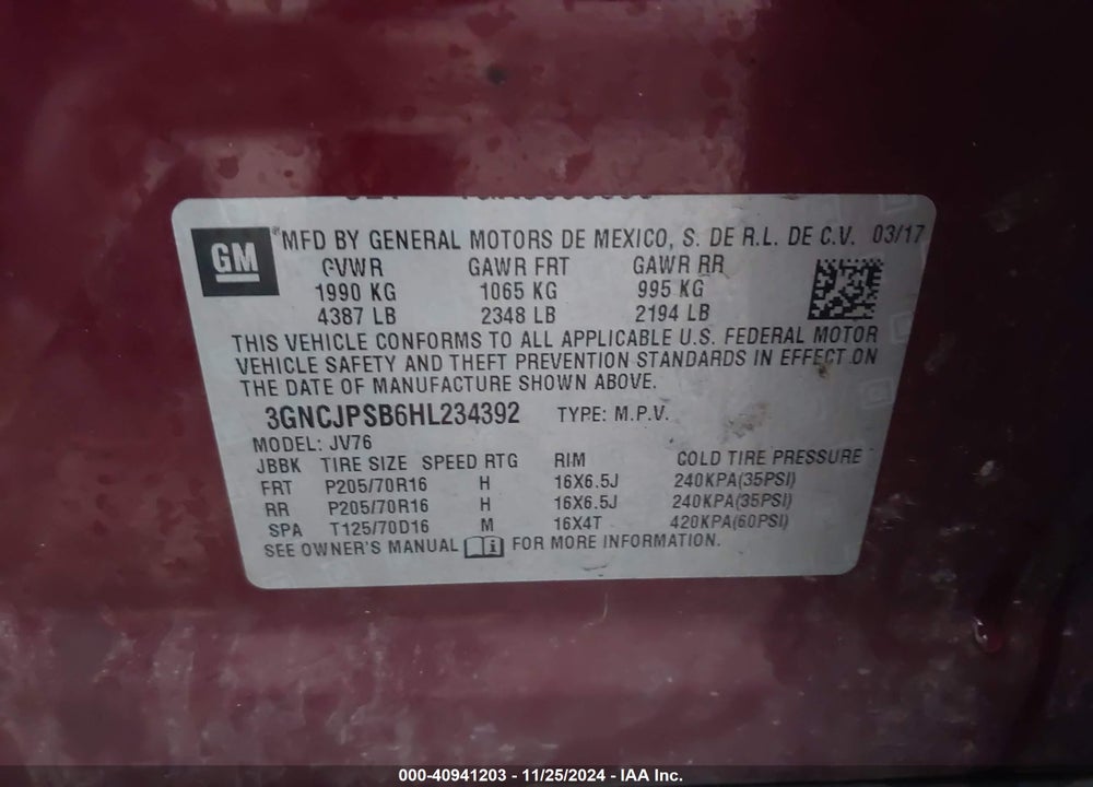 2017 CHEVROLET TRAX LT VIN: 3GNCJPSB6HL234392