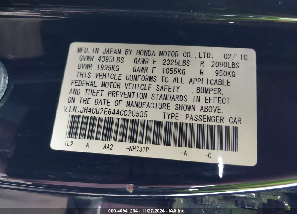 2010 ACURA TSX VIN: JH4CU2E64AC020535
