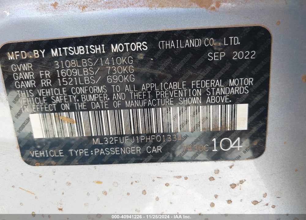 2023 MITSUBISHI MIRAGE G4 BLACK EDITION/ES/LE VIN: ML32FUFJ1PHF01334