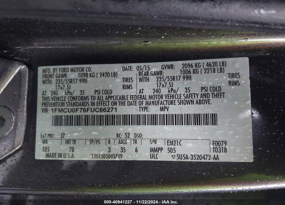 2015 FORD ESCAPE S VIN: 1FMCU0F76FUC66271
