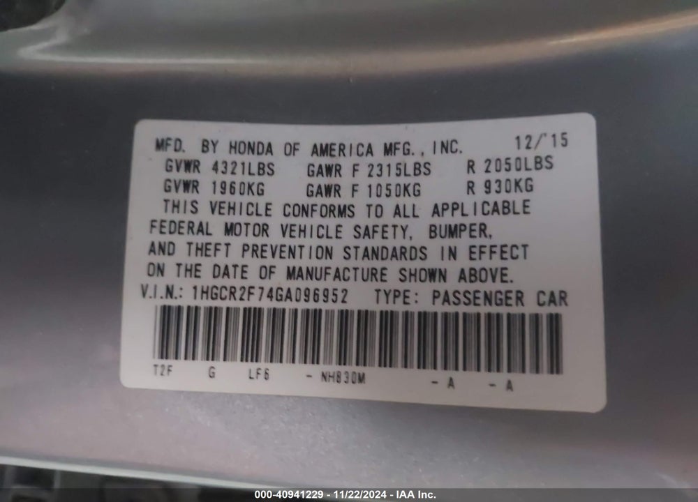 2016 HONDA ACCORD EX VIN: 1HGCR2F74GA096952