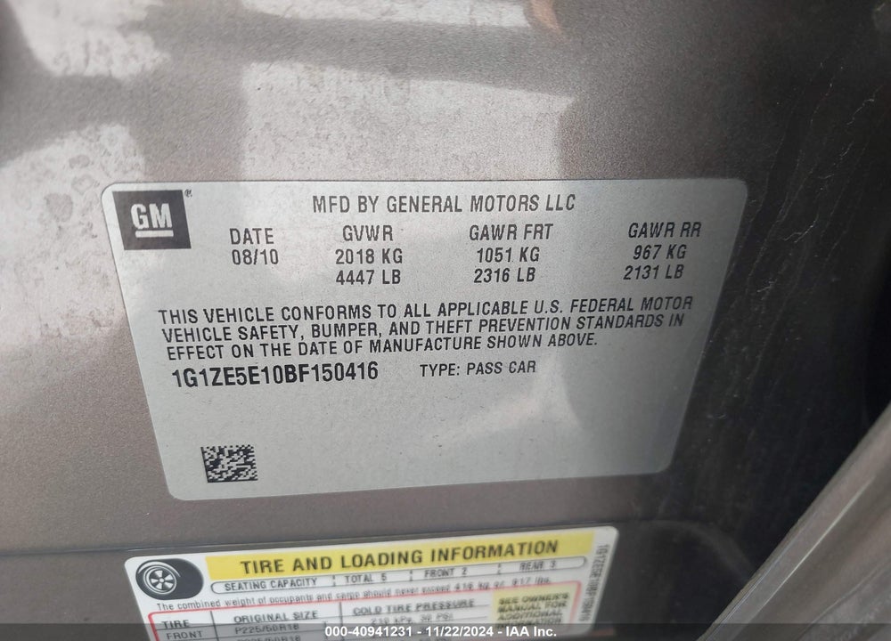 2011 CHEVROLET MALIBU LTZ VIN: 1G1ZE5E10BF150416