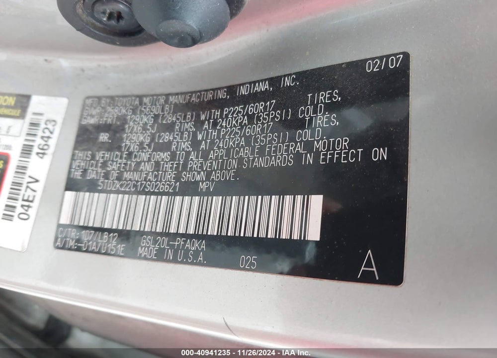 2007 TOYOTA SIENNA XLE LIMITED VIN: 5TDZK22C17S026621