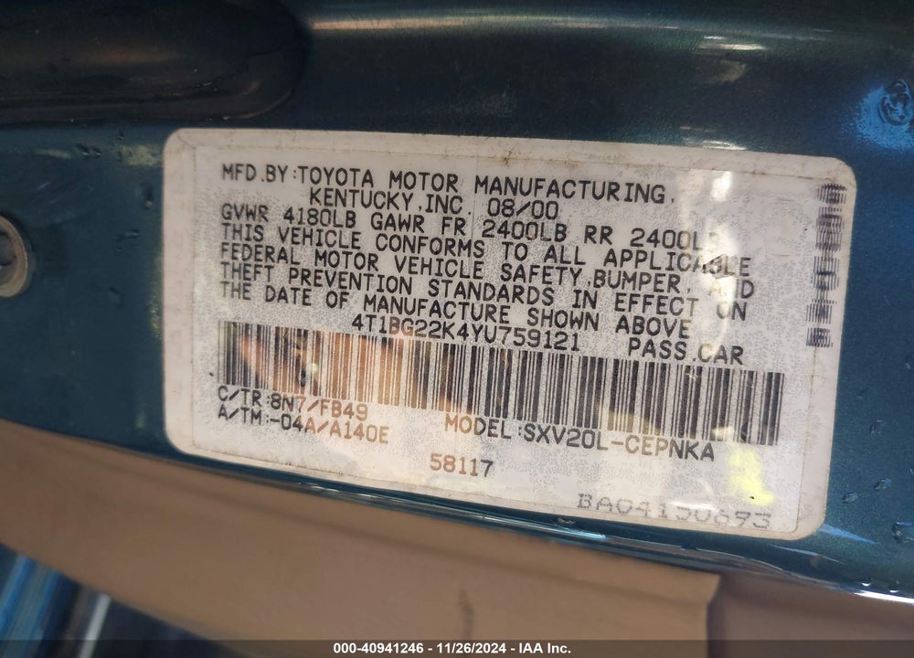 2000 TOYOTA CAMRY LE VIN: 4T1BG22K4YU759121