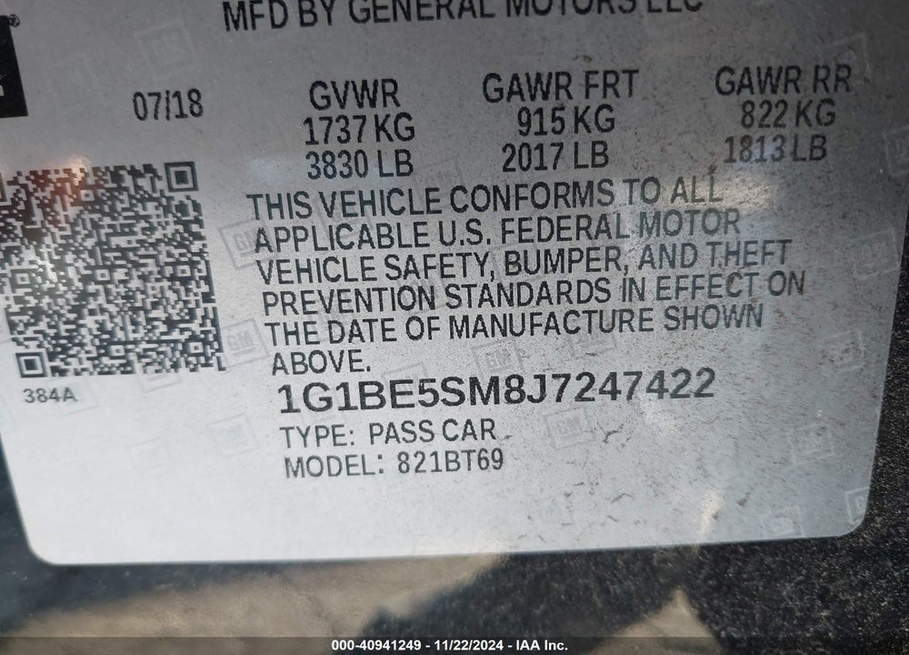 2018 CHEVROLET CRUZE VIN: 1G1BE5SM8J7247422