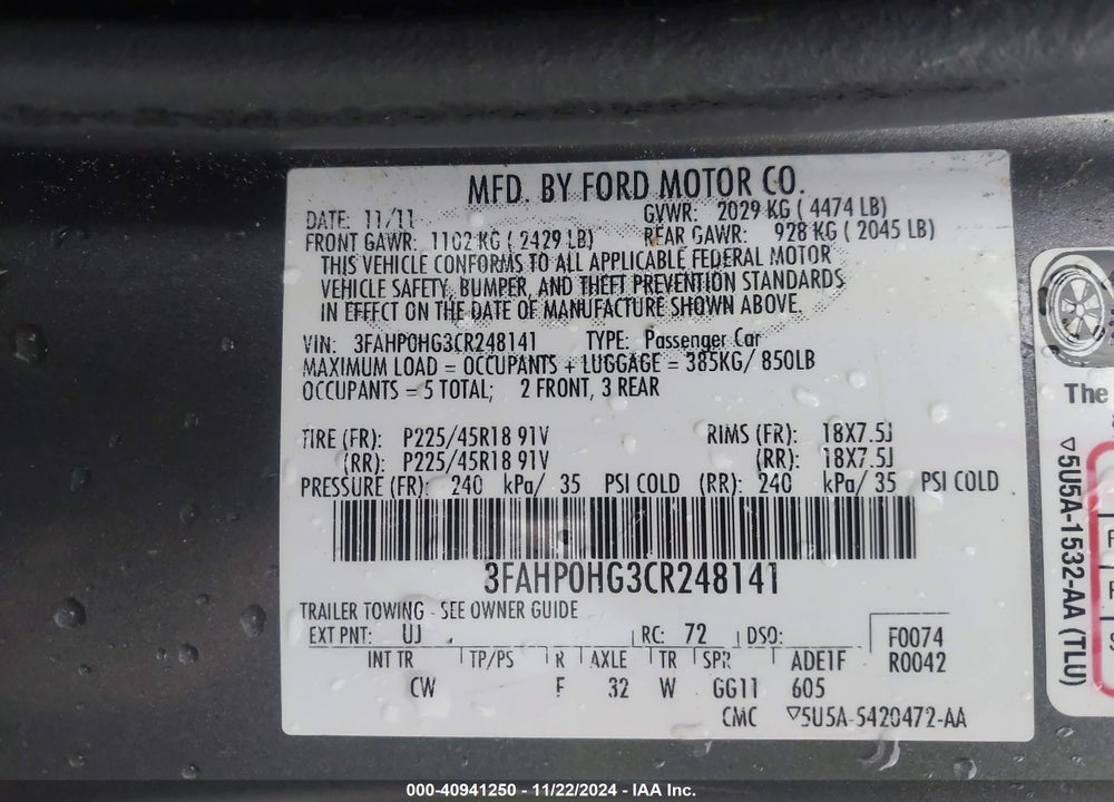 2012 FORD FUSION SE VIN: 3FAHP0HG3CR248141