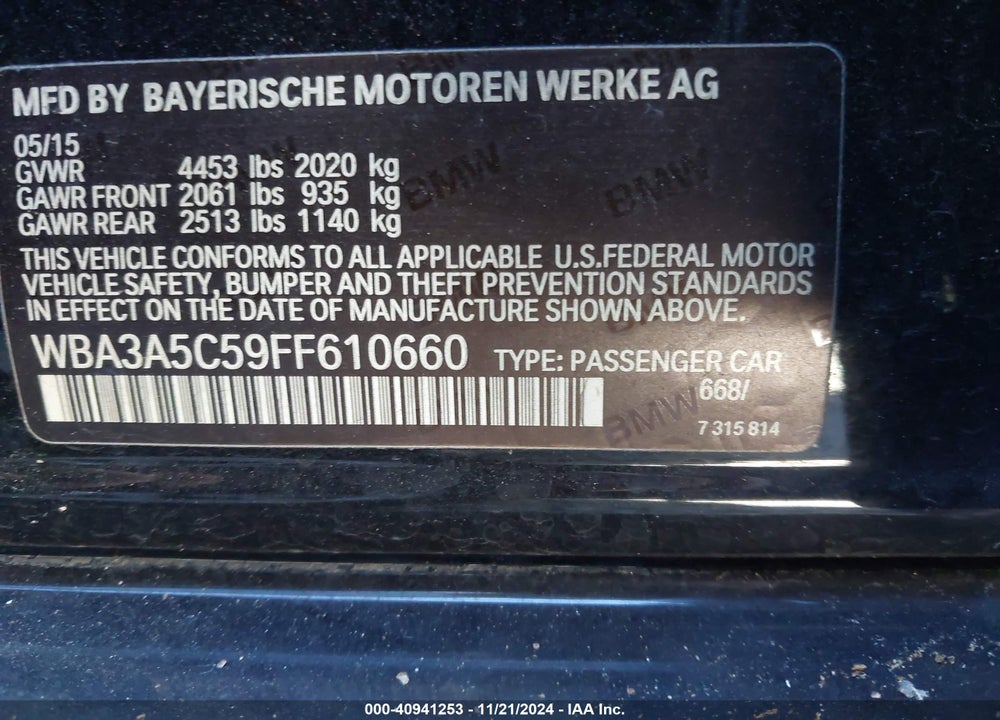 2015 BMW 328I VIN: WBA3A5C59FF610660