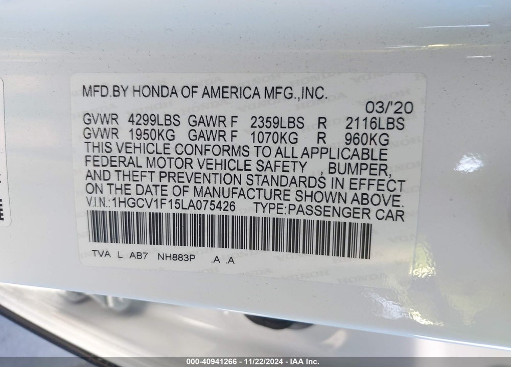 2020 HONDA ACCORD VIN: 1HGCV1F15LA075426