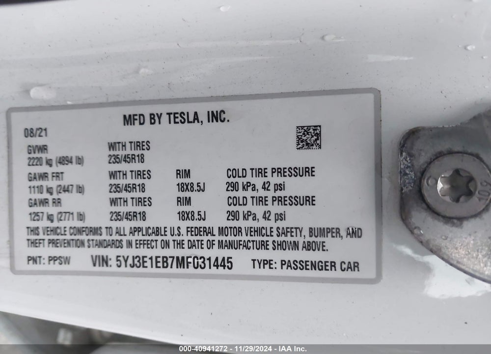 2021 TESLA MODEL 3 LONG RANGE DUAL MOTOR ALL-WHEEL DRIVE VIN: 5YJ3E1EB7MF031445