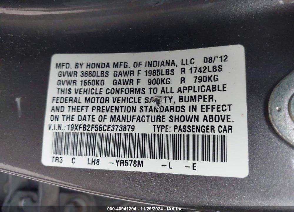 2012 HONDA CIVIC LX VIN: 19XFB2F56CE373879