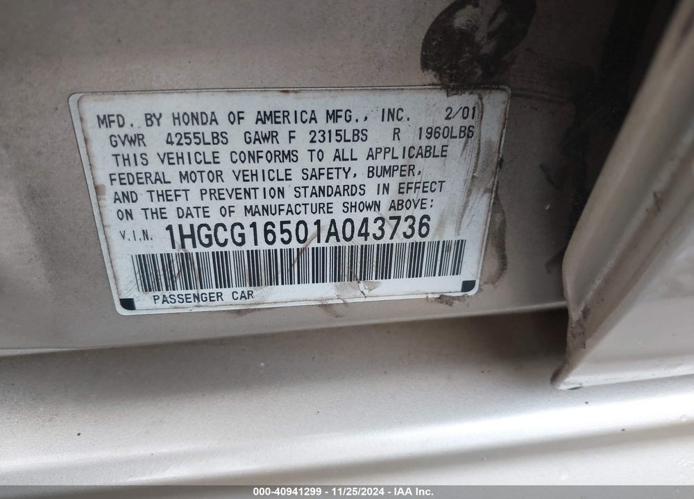 2001 HONDA ACCORD 3.0 EX VIN: 1HGCG16501A043736