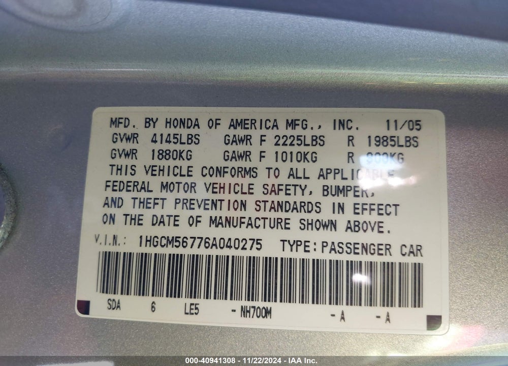 2006 HONDA ACCORD 2.4 EX VIN: 1HGCM56776A040275