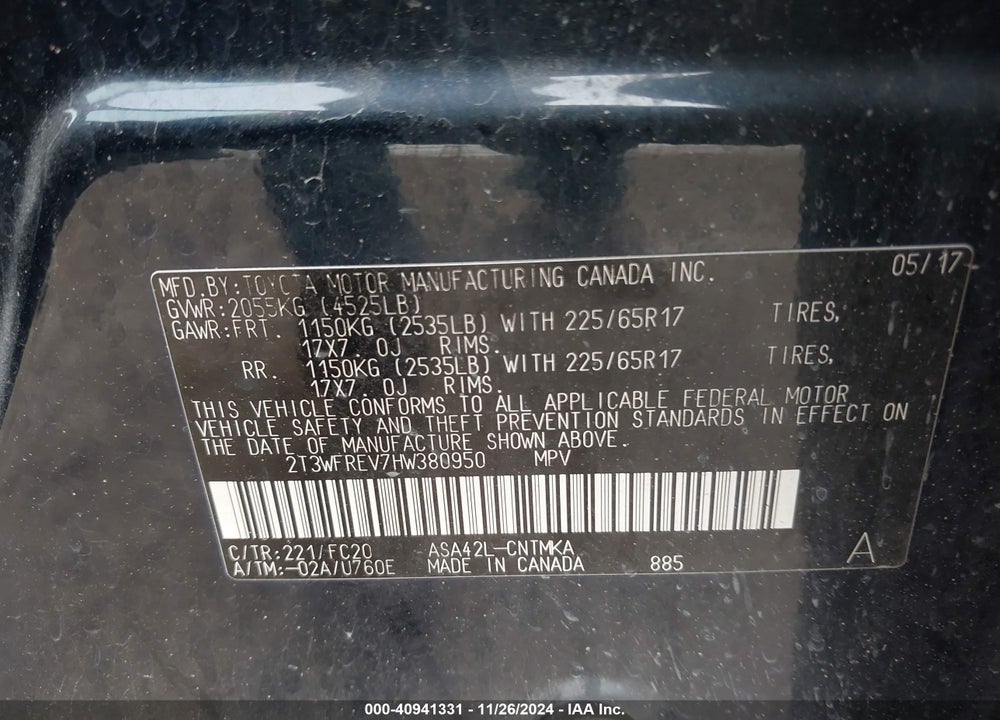 2017 TOYOTA RAV4 XLE VIN: 2T3WFREV7HW380950