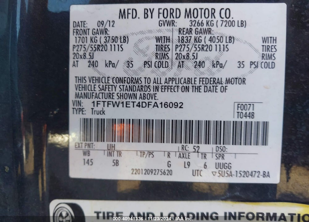 2013 FORD F-150 VIN: 1FTFW1ET4DFA16092
