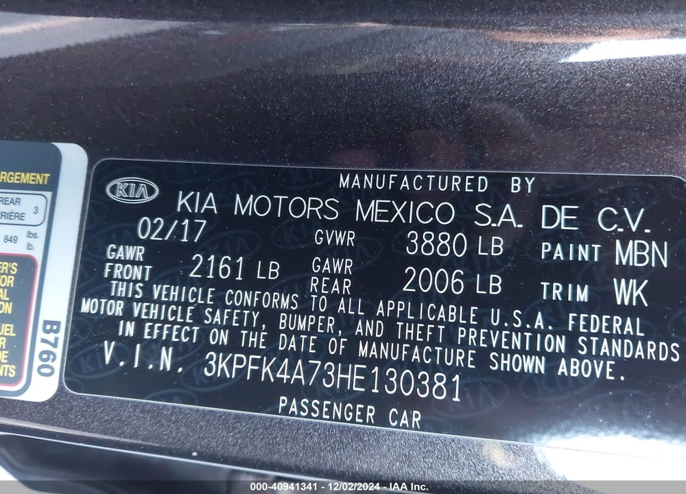 2017 KIA FORTE LX VIN: 3KPFK4A73HE130381