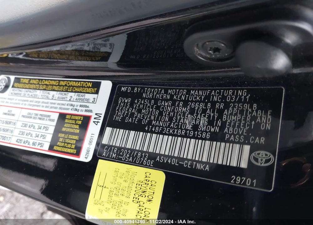 2011 TOYOTA CAMRY LE VIN: 4T4BF3EKXBR191586