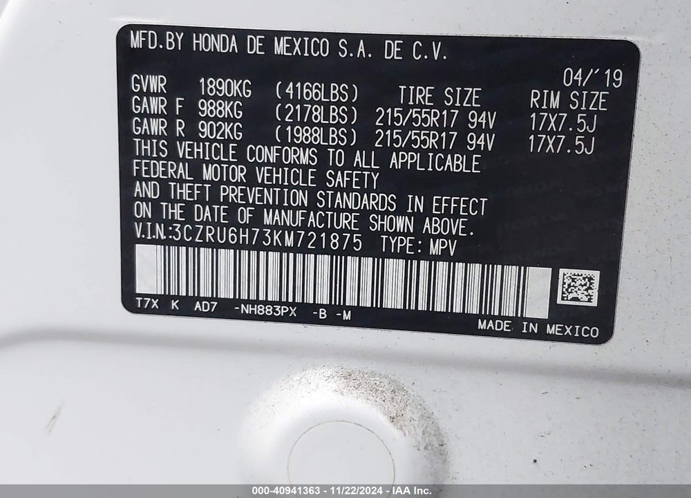 2019 HONDA HR-V EX-L VIN: 3CZRU6H73KM721875