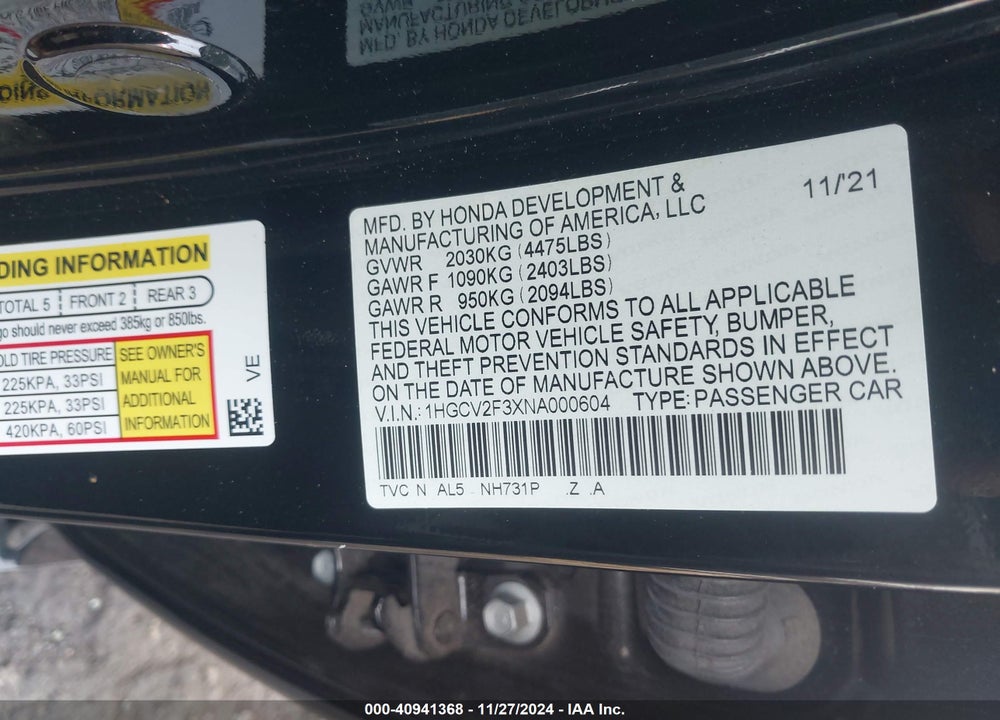2022 HONDA ACCORD SPORT 2.0T VIN: 1HGCV2F3XNA000604
