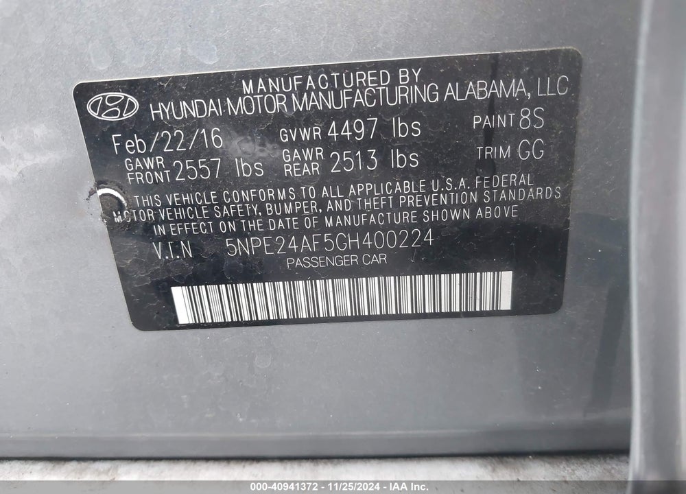 2016 HYUNDAI SONATA SE VIN: 5NPE24AF5GH400224