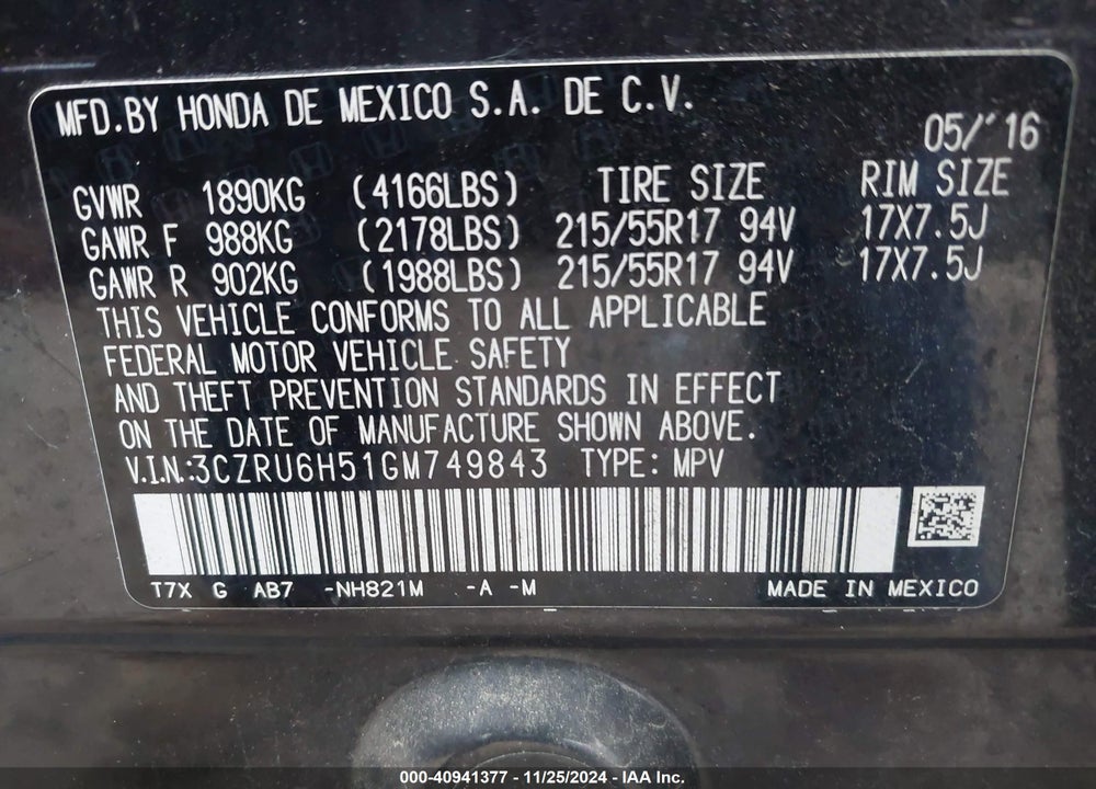 2016 HONDA HR-V EX VIN: 3CZRU6H51GM749843