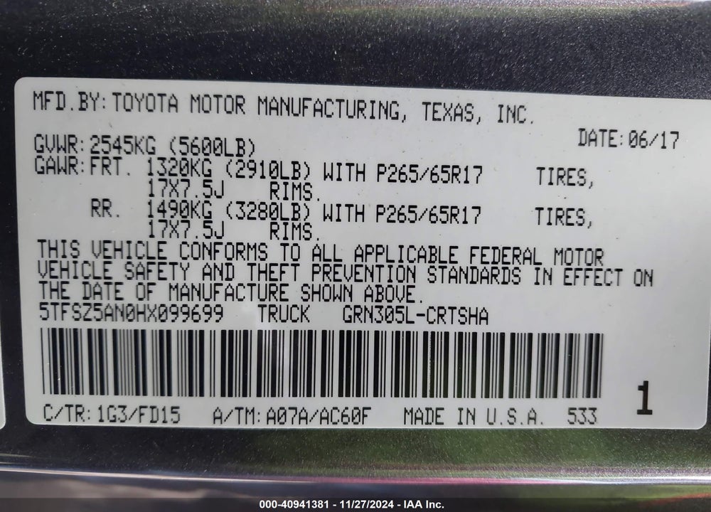 2017 TOYOTA TACOMA TRD SPORT VIN: 5TFSZ5AN0HX099699