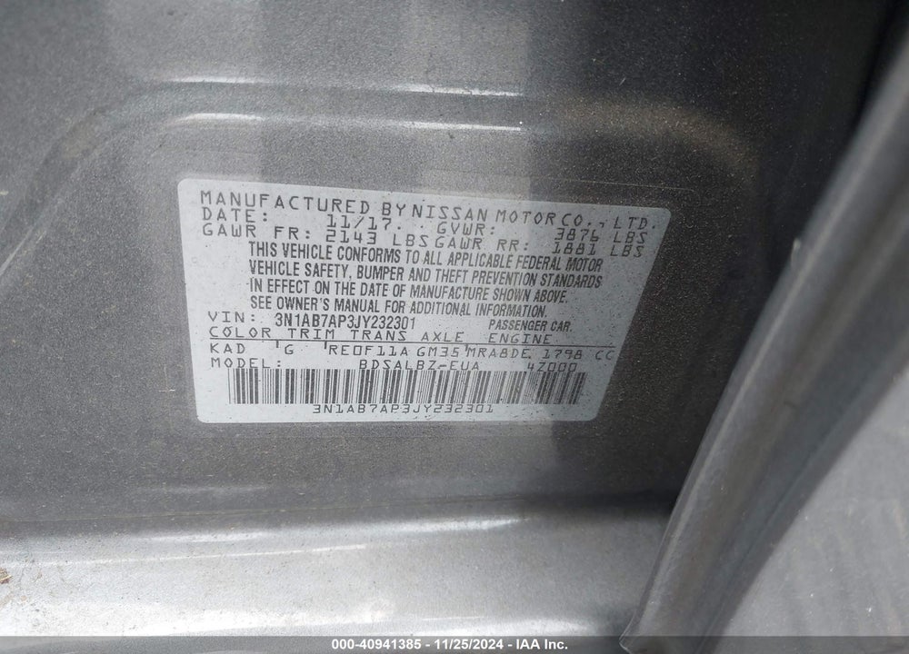 2018 NISSAN SENTRA S VIN: 3N1AB7AP3JY232301