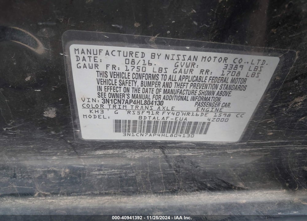 2017 NISSAN VERSA 1.6 S+ VIN: 3N1CN7AP4HL804130