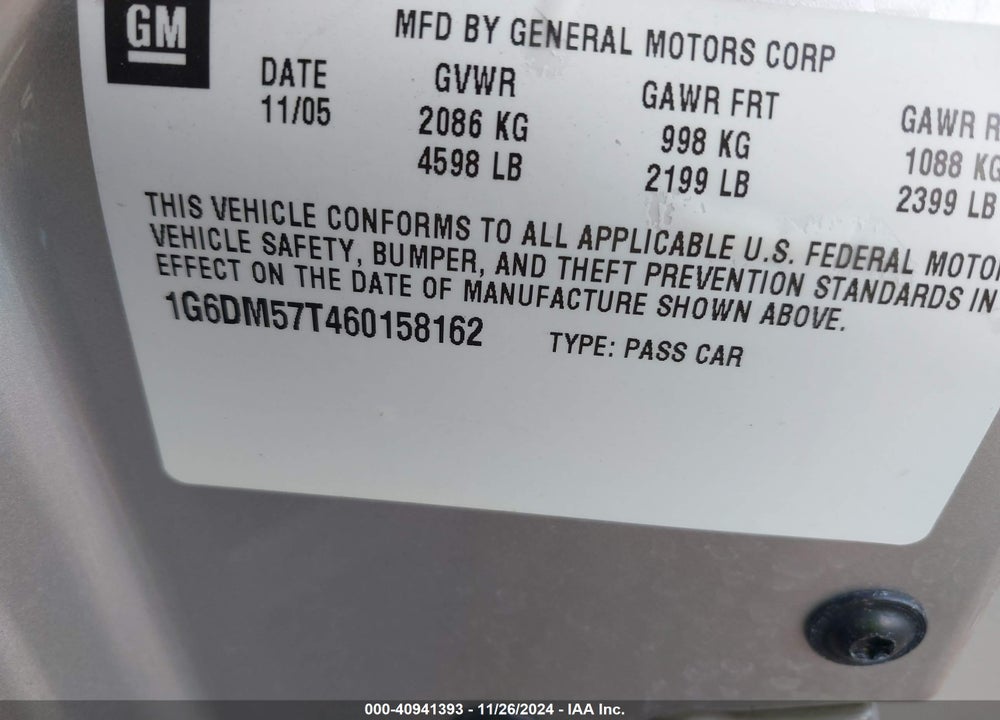 2006 CADILLAC CTS VIN: 1G6DM57T460158162