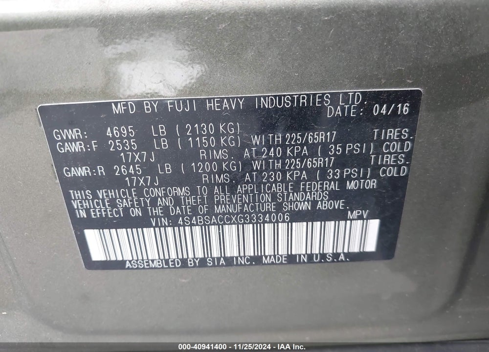 2016 SUBARU OUTBACK 2.5I PREMIUM VIN: 4S4BSACCXG3334006