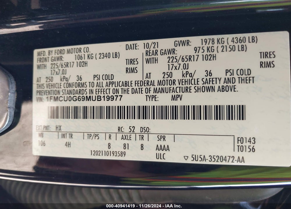 2021 FORD ESCAPE SE VIN: 1FMCU0G69MUB19977