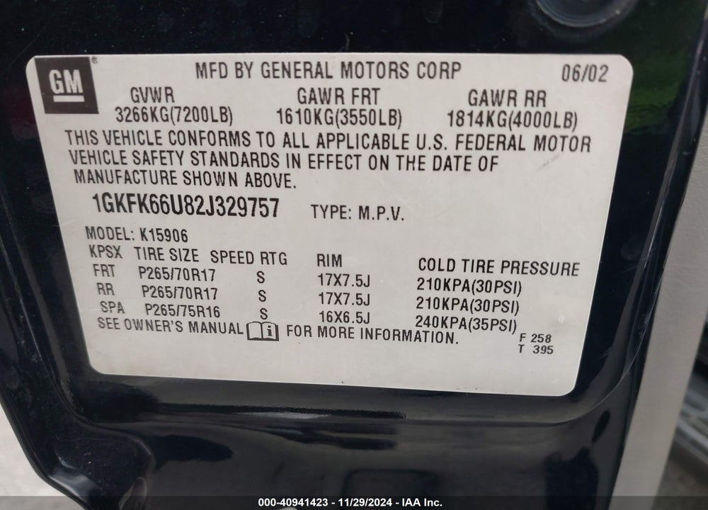 2002 GMC YUKON XL 1500 DENALI VIN: 1GKFK66U82J329757