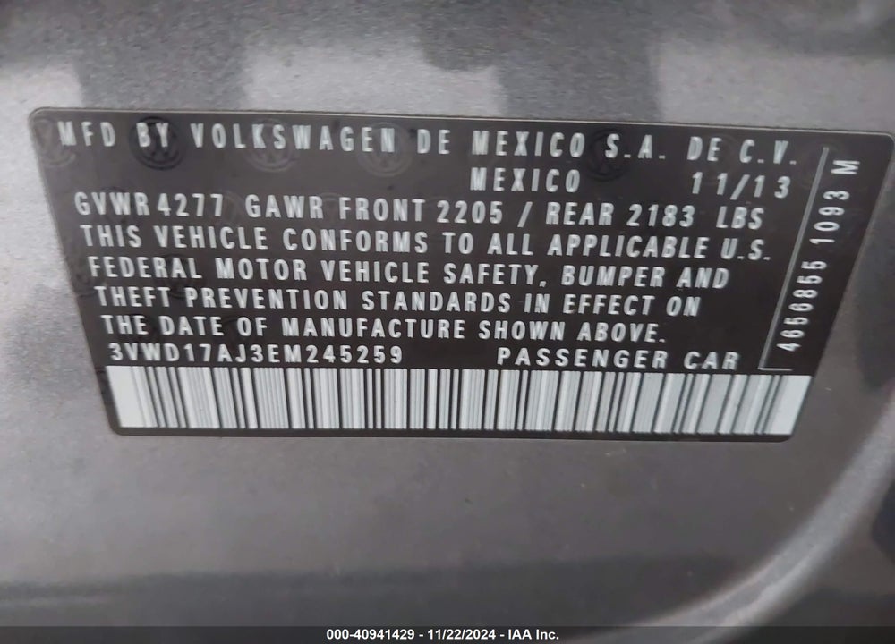 2014 VOLKSWAGEN JETTA 1.8T SE VIN: 3VWD17AJ3EM245259