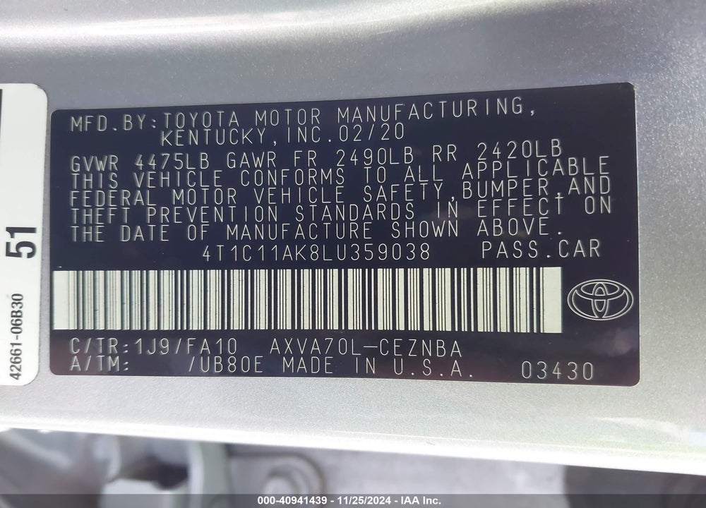2020 TOYOTA CAMRY LE VIN: 4T1C11AK8LU359038