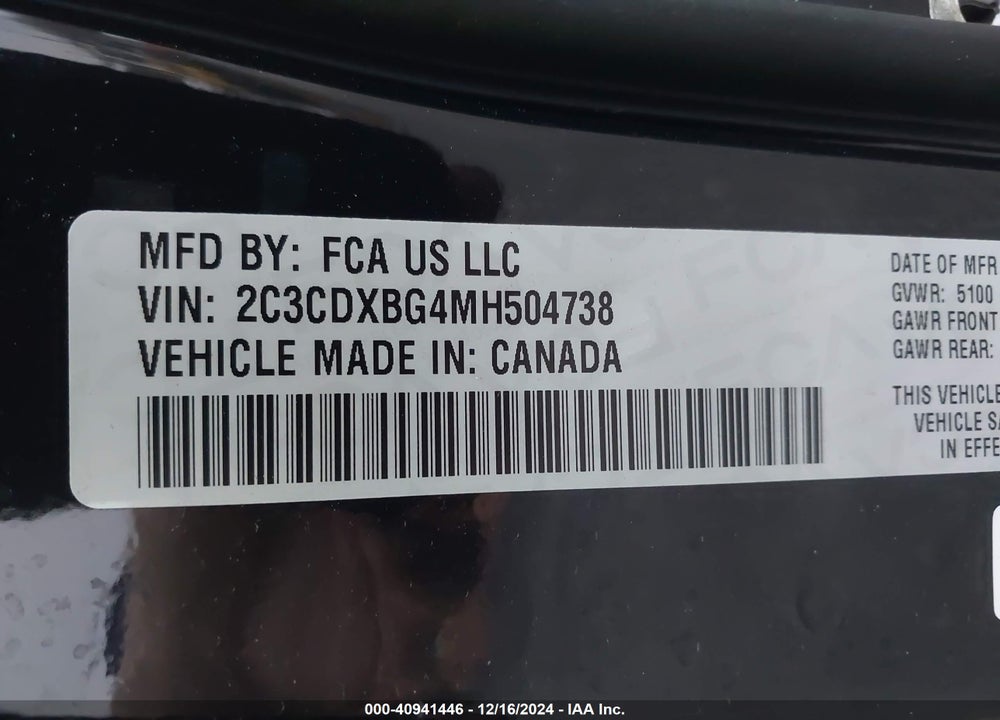 2021 DODGE CHARGER SXT RWD VIN: 2C3CDXBG4MH504738