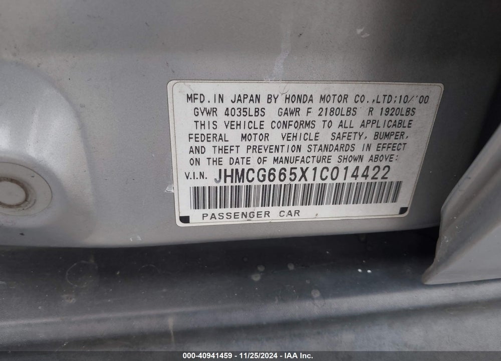 2001 HONDA ACCORD 2.3 LX VIN: JHMCG665X1C014422