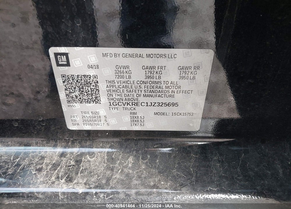 2018 CHEVROLET SILVERADO 1500 2LT VIN: 1GCVKREC1JZ325695