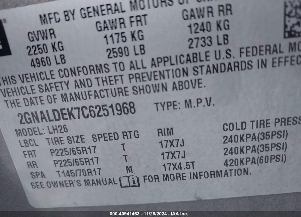 2012 CHEVROLET EQUINOX 1LT VIN: 2GNALDEK7C6251968