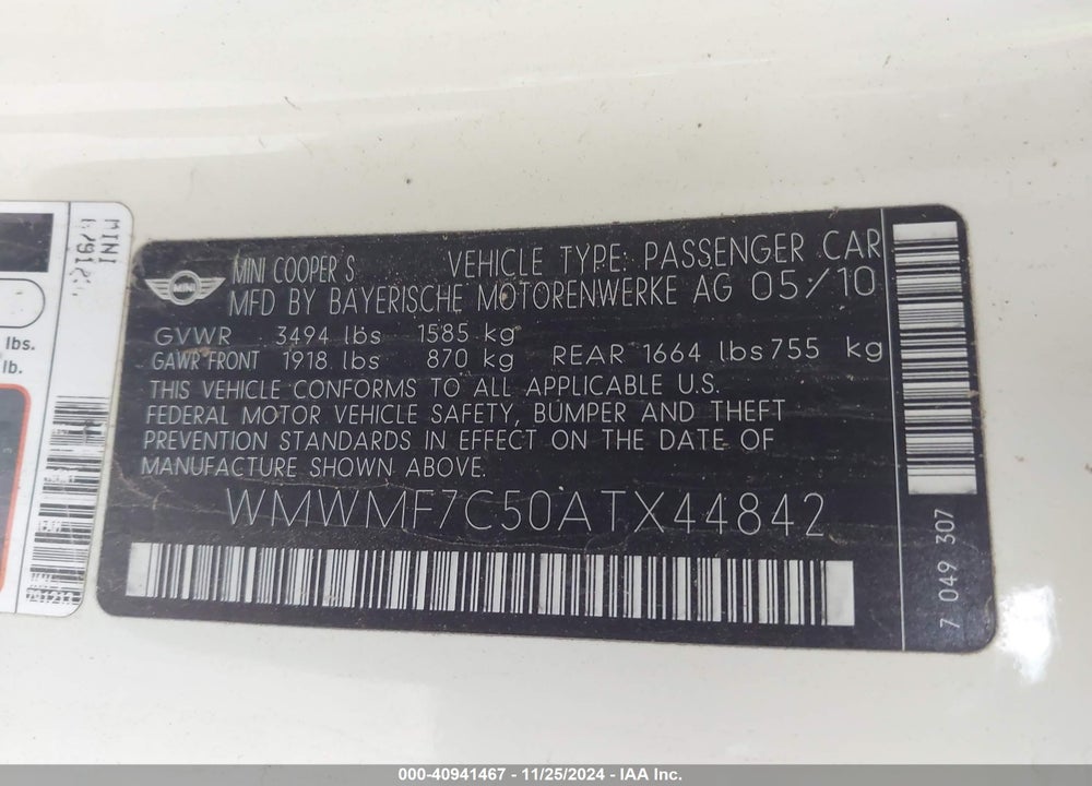 2010 MINI COOPER S VIN: WMWMF7C50ATX44842