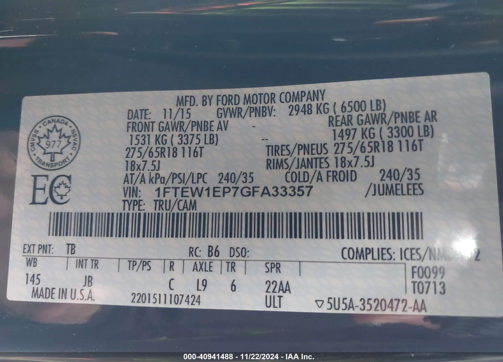 2016 FORD F150 VIN: 1FTEW1EP7GFA33357