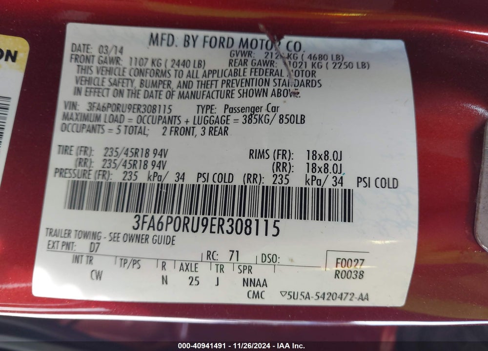 2014 FORD FUSION HYBRID TITANIUM VIN: 3FA6P0RU9ER308115